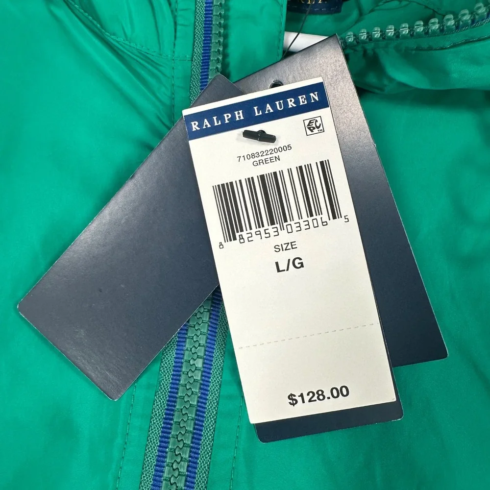 NWT Polo Ralph Lauren Windbreaker Jacket Mens L Green Hooded Recycled Nylon